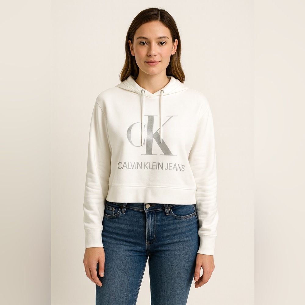 Calvin Klein White Cropped Hoodie Sweater Silver Logo Women’s M NWT